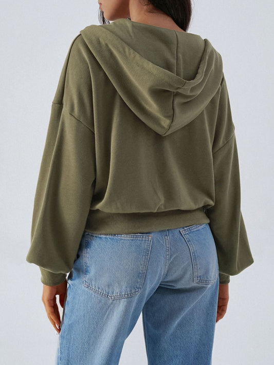 Devine Drawstring Zip Up Long Sleeve Hoodie - Trendsi