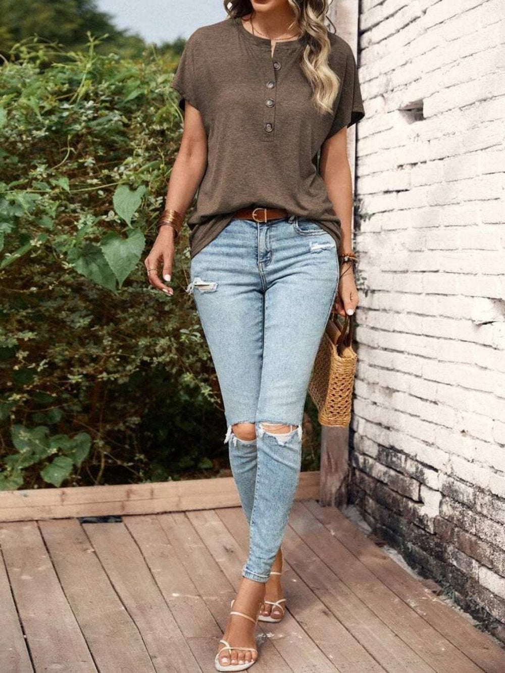 Half Button Short Sleeve Top - Trendsi - Flyclothing LLC