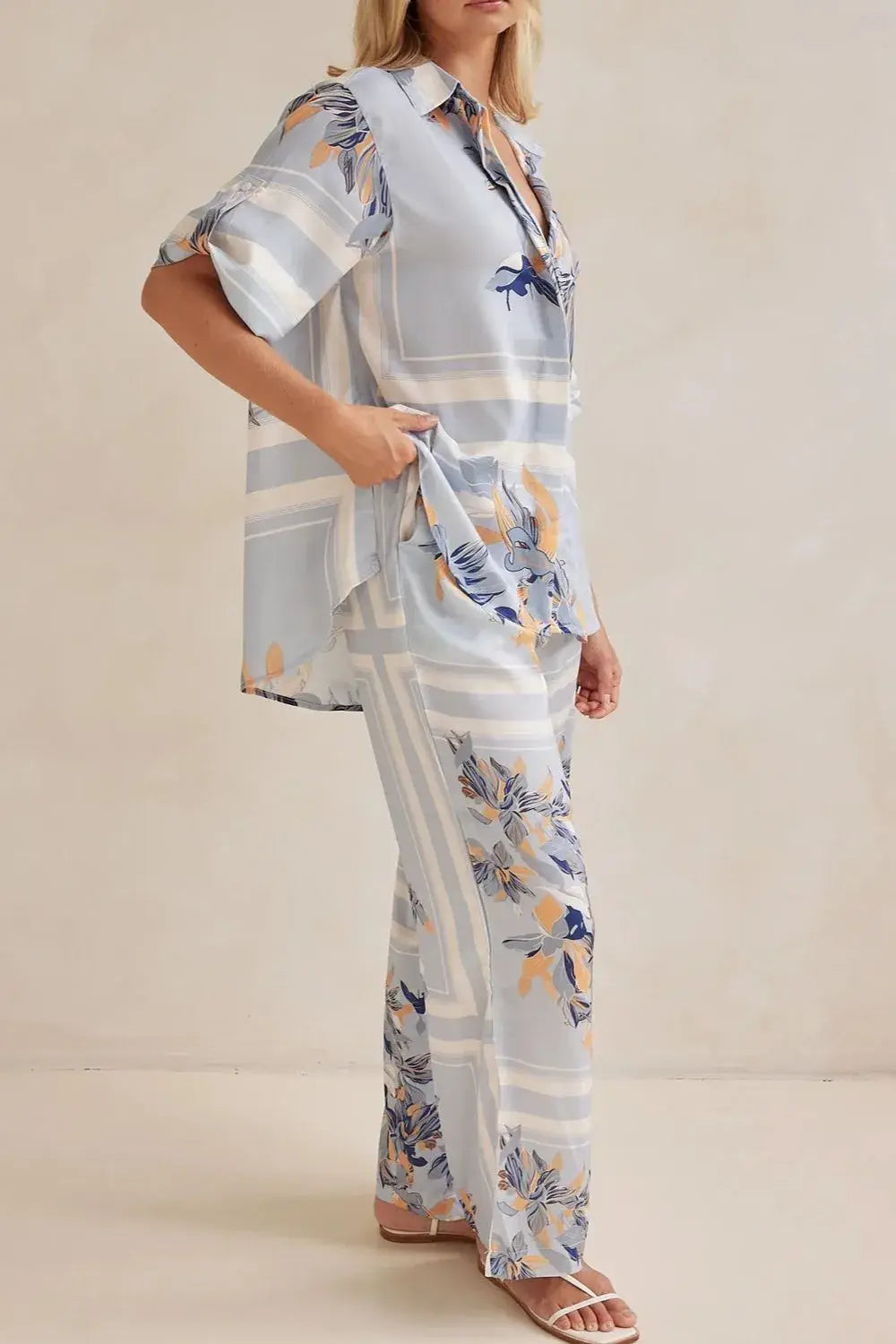 Printed Button Up Shirt and Pants Set - Trendsi - Flyclothing LLC