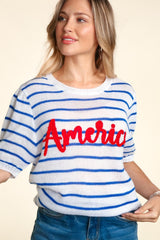 Haptics Letter Embroidery Striped Knit Top - Trendsi