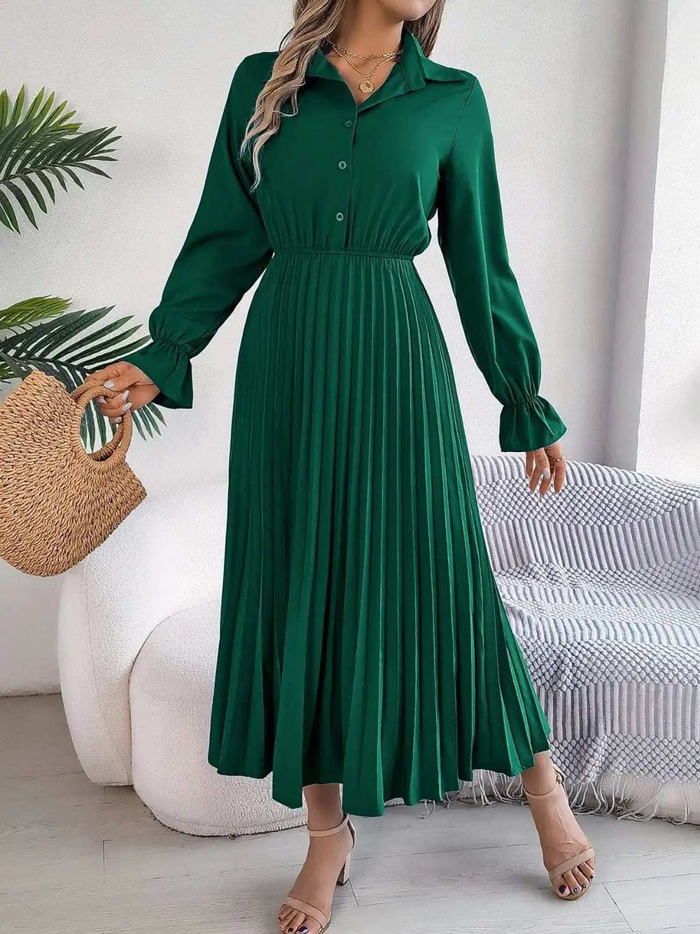 Pleated Half Button Long Sleeve Midi Dress - Trendsi - Flyclothing LLC