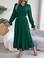 Pleated Half Button Long Sleeve Midi Dress - Trendsi