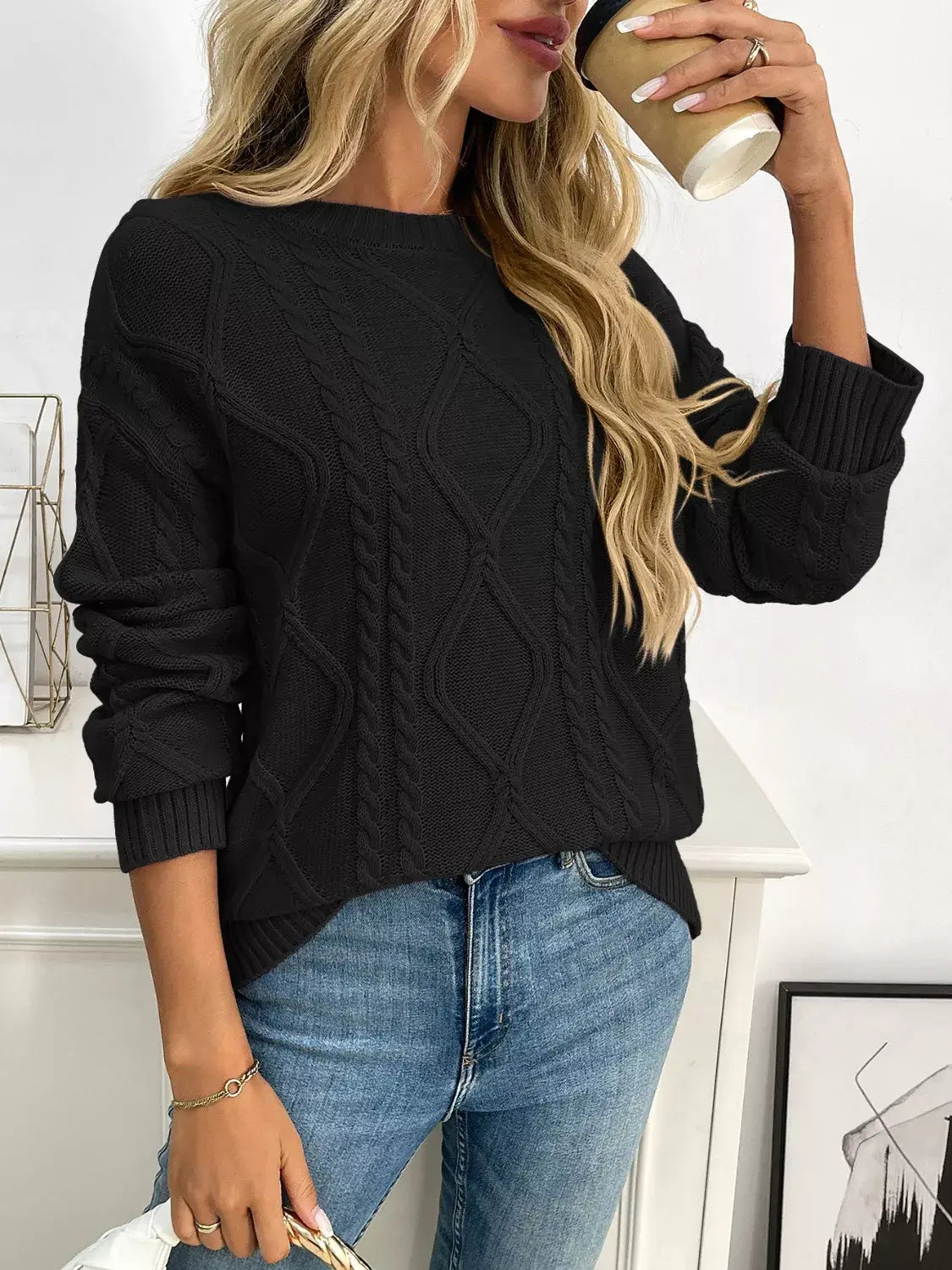 Cable Knit Round Neck Sweater - Trendsi - Flyclothing LLC