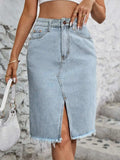 Raw Hem Slit Denim Skirt - Trendsi - Flyclothing LLC