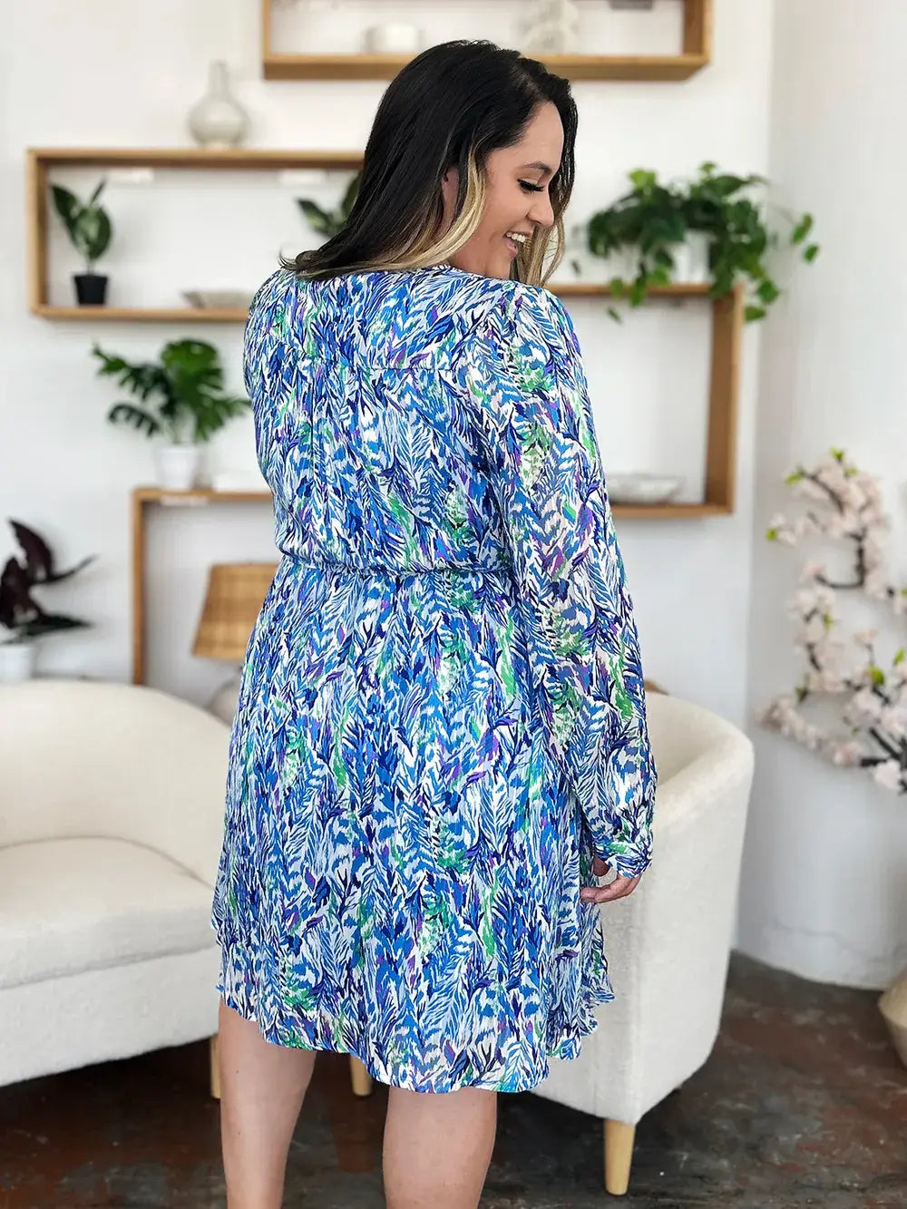 Double Take Full Size Printed Drawstring Waist Long Sleeve Dress - Trendsi - Flyclothing LLC