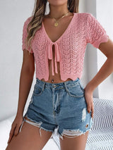 Tied Openwork Short Sleeve Cardigan - Trendsi - Flyclothing LLC