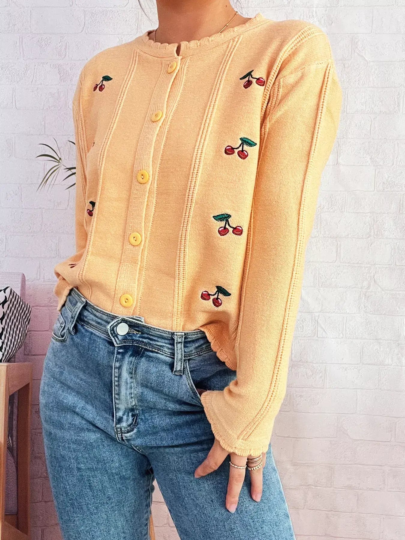 Cherry Embroidered Button Up Cardigan - Trendsi - Flyclothing LLC
