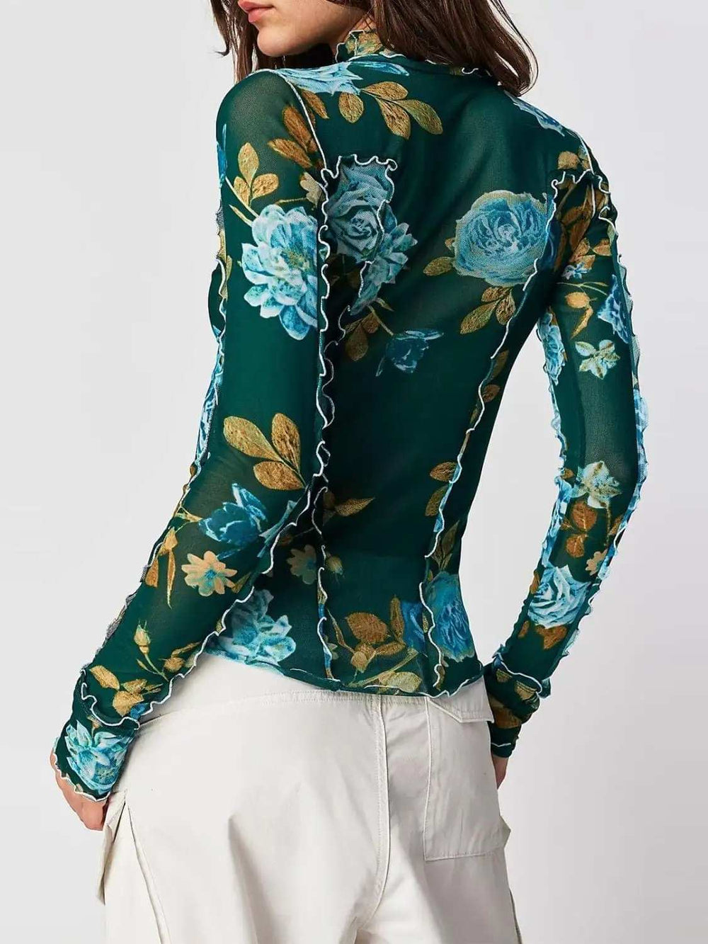Floral Mock Neck Long Sleeve Top - Trendsi - Flyclothing LLC
