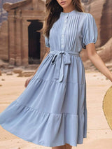 Tie Waist Puff Sleeve Midi Dress - Trendsi - Flyclothing LLC