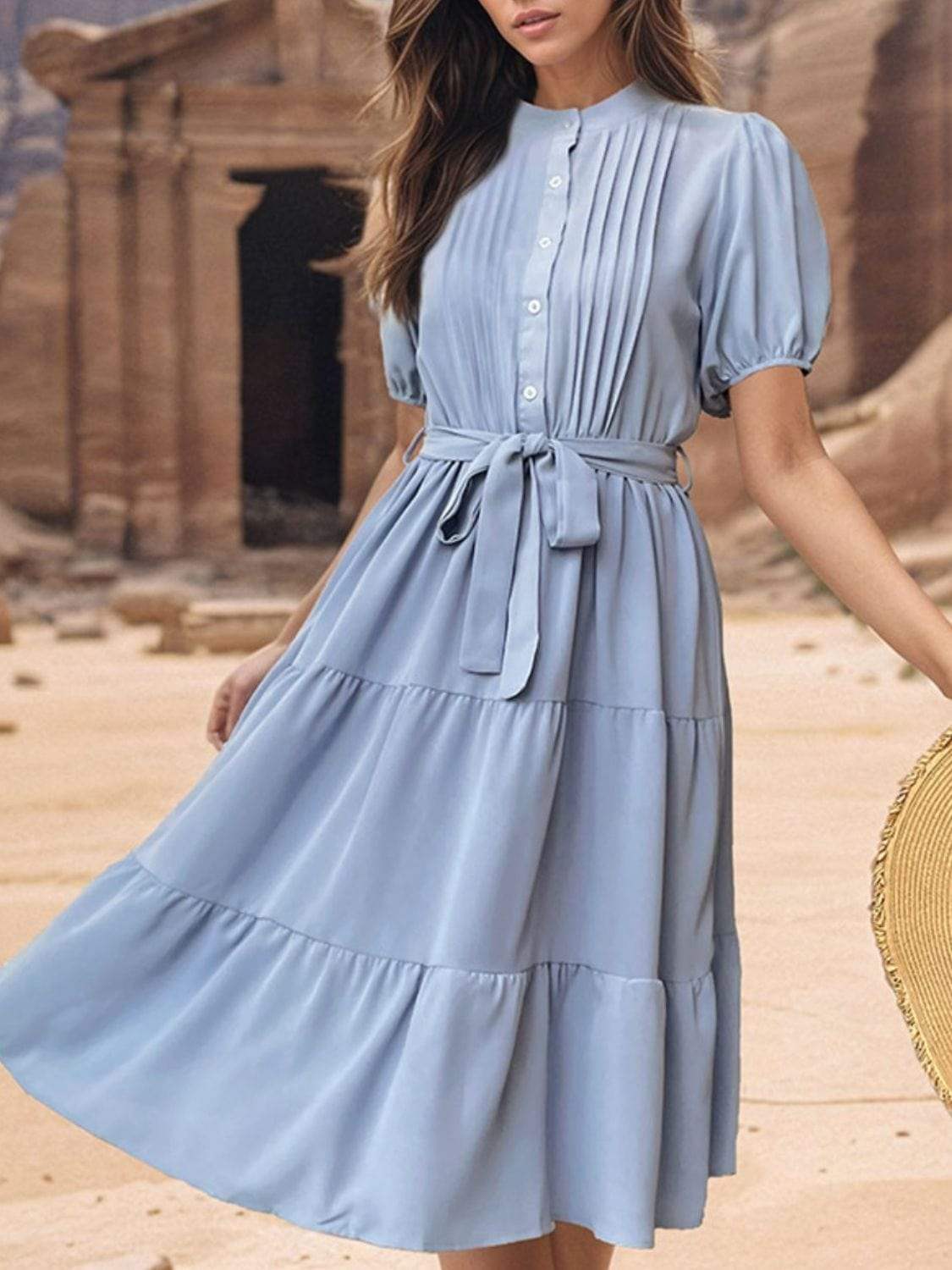 Tie Waist Puff Sleeve Midi Dress - Trendsi - Flyclothing LLC