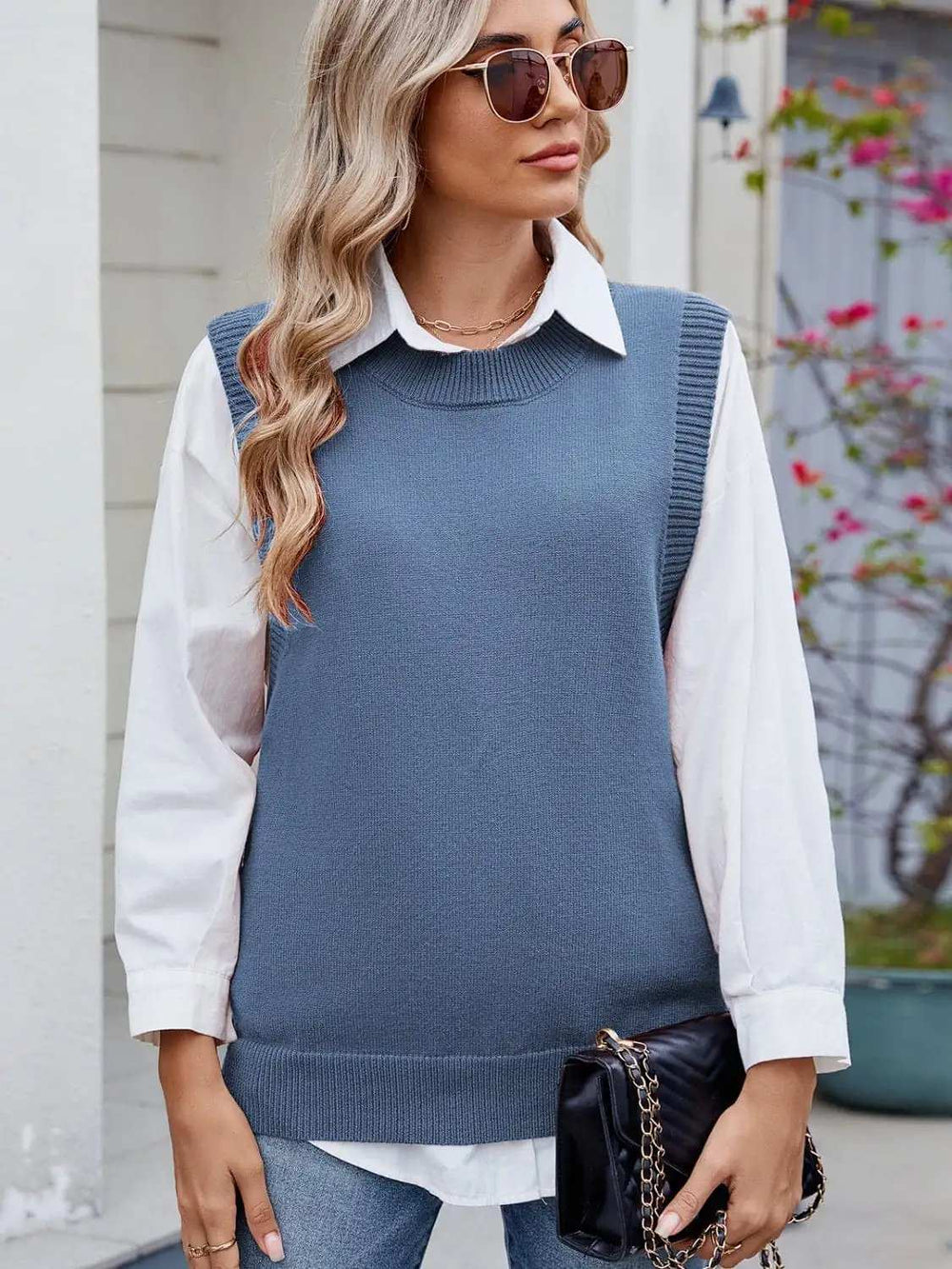 Buttoned Round Neck Sweater Vest - Trendsi - Flyclothing LLC