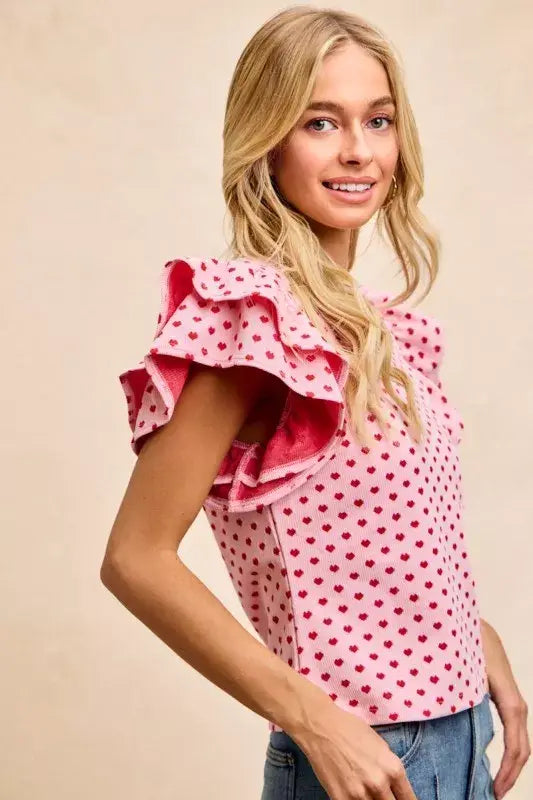 BiBi Heart Patterned Knit Ruffled Sleeves Top - Trendsi - Flyclothing LLC