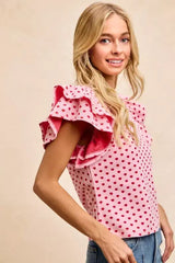 BiBi Heart Patterned Knit Ruffled Sleeves Top - Trendsi - Flyclothing LLC