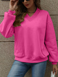 V-Neck Long Sleeve Dropped Shoulder Sweatshirt - Trendsi