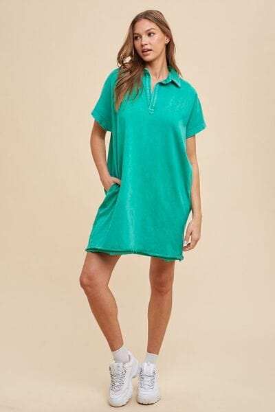 Annie Wear Mineral Washed Johnny Collar Short Sleeve Dress - Trendsi - Flyclothing LLC