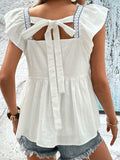Tied Embroidered Ruffled Square Neck Cap Sleeve Blouse - Trendsi - Flyclothing LLC