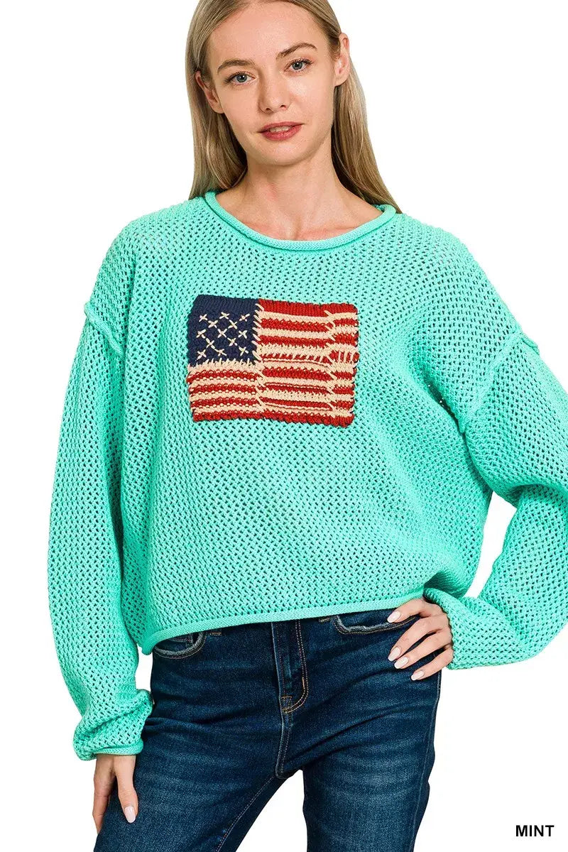 Zenana American Flag Crew Neck Sweater - Trendsi - Flyclothing LLC