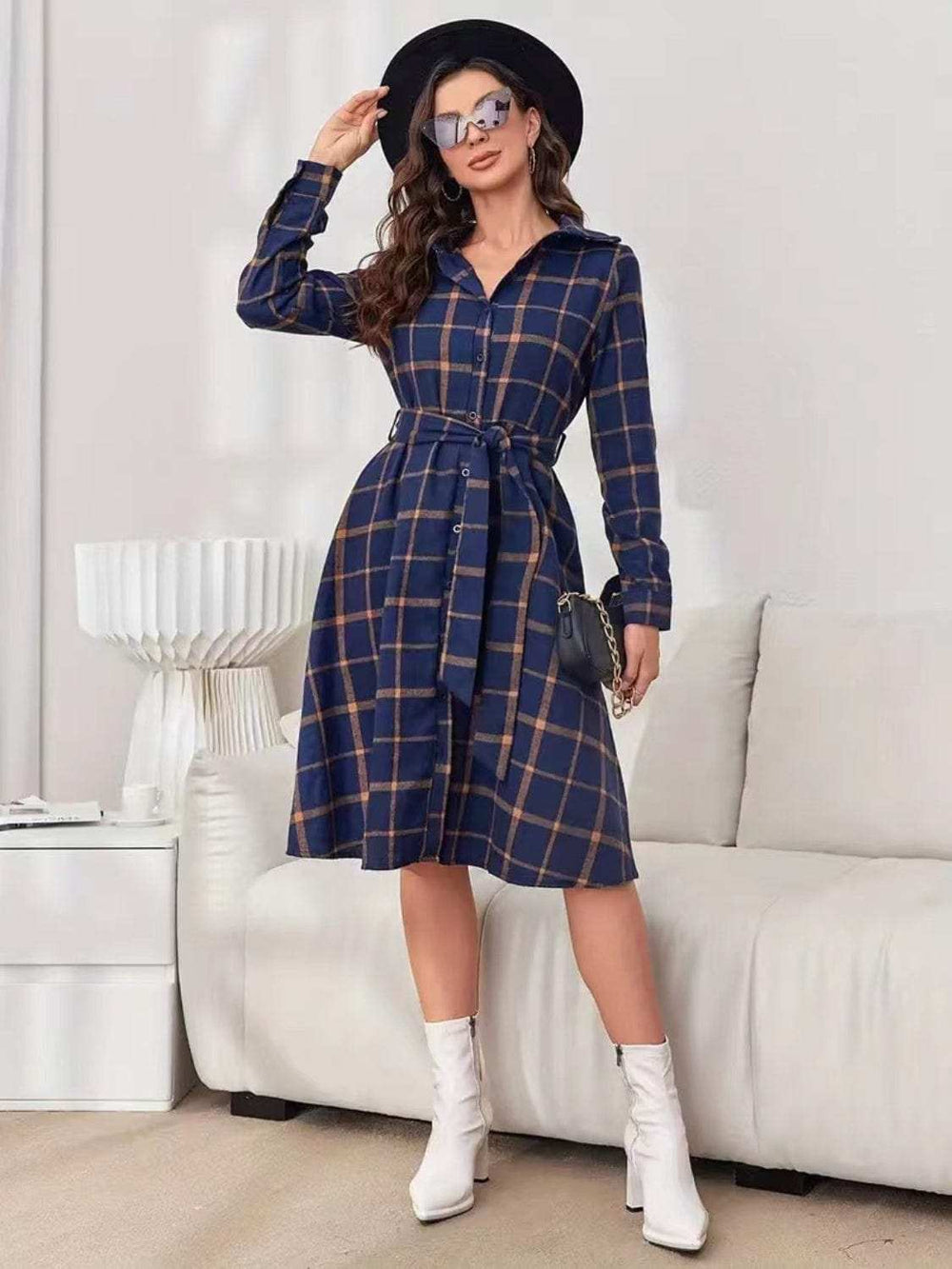 Plaid Tie Waist Long Sleeve Dress - Trendsi - Flyclothing LLC