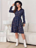 Plaid Tie Waist Long Sleeve Dress - Trendsi - Flyclothing LLC