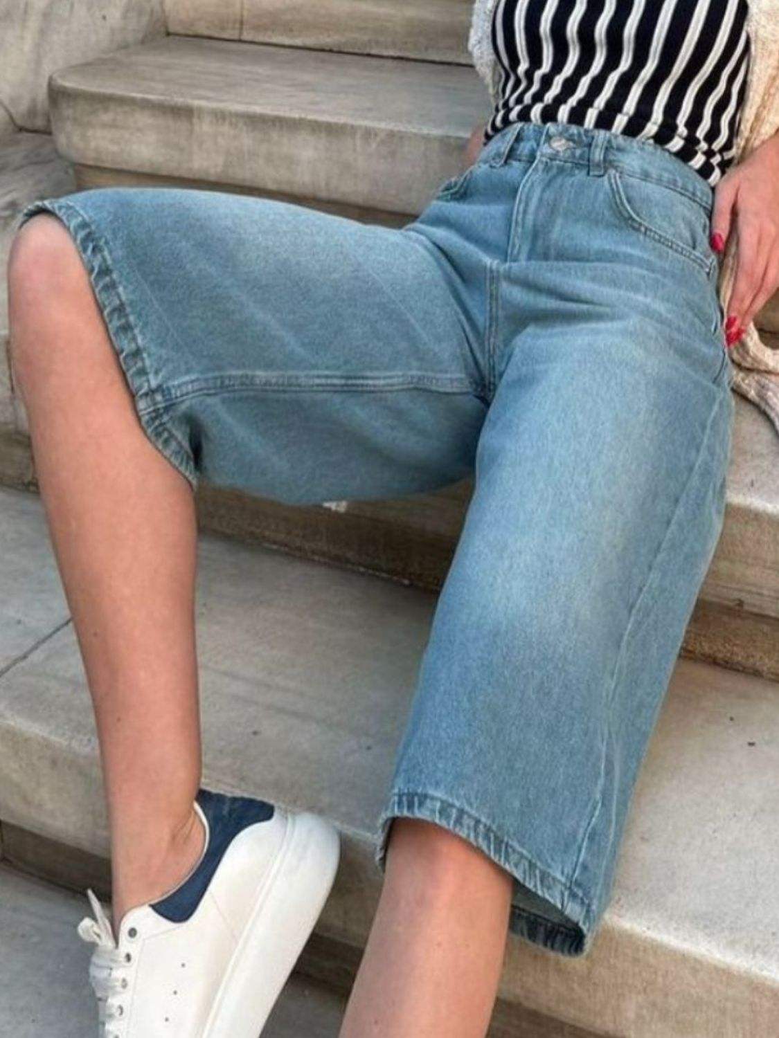 High Waist Denim Shorts with Pockets - Trendsi - Flyclothing LLC