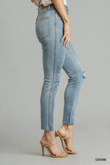 Umgee 5-Pockets Distressed Detail Stretch Denim Skinny Jeans with Unfinished Hem - Trendsi - Flyclothing LLC