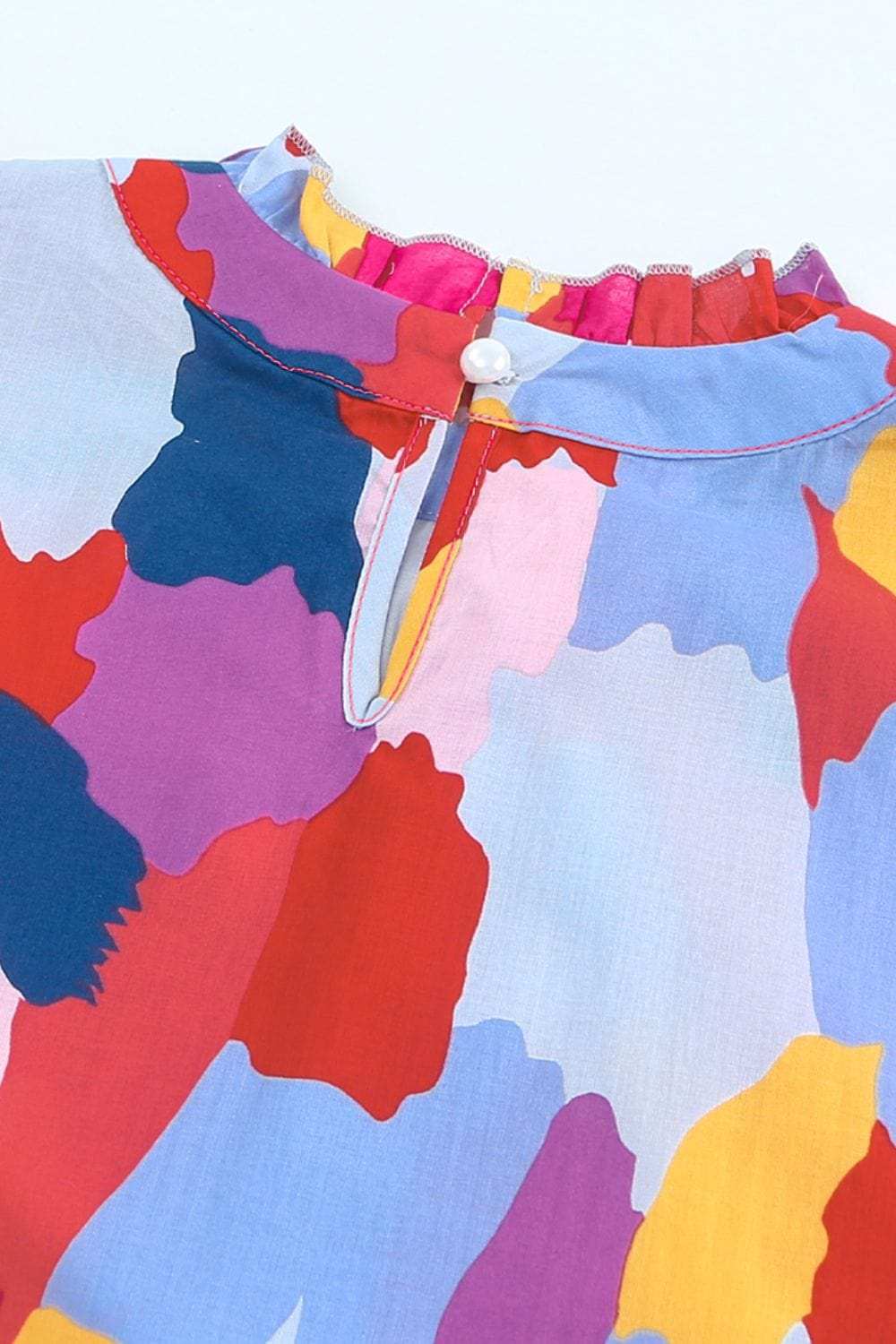 Frill Printed Mock Neck Cap Sleeve Blouse - Trendsi - Flyclothing LLC