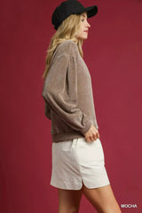 Umgee Velour Crewneck Balloon Sleeve Sweatshirt - Trendsi - Flyclothing LLC
