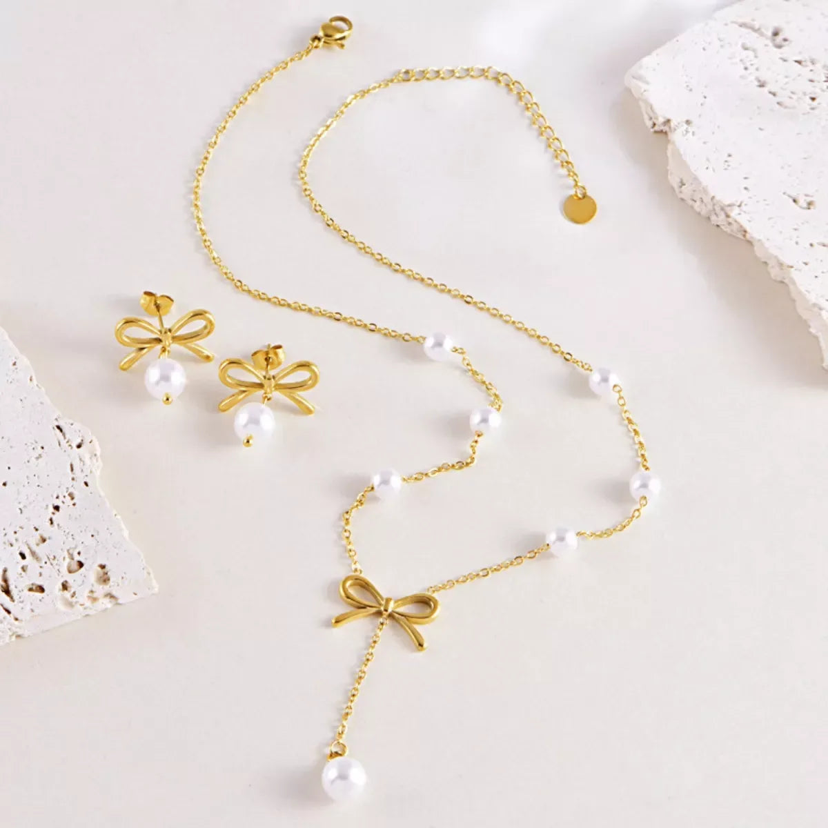 18K Gold-Plated Bowknot Pearl Jewelry Set - Trendsi - Flyclothing LLC