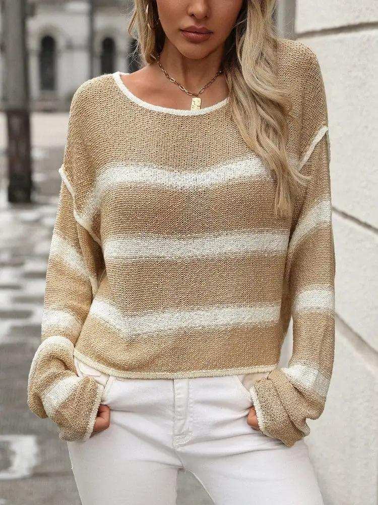 Striped Round Neck Long Sleeve Sweater - Trendsi - Flyclothing LLC