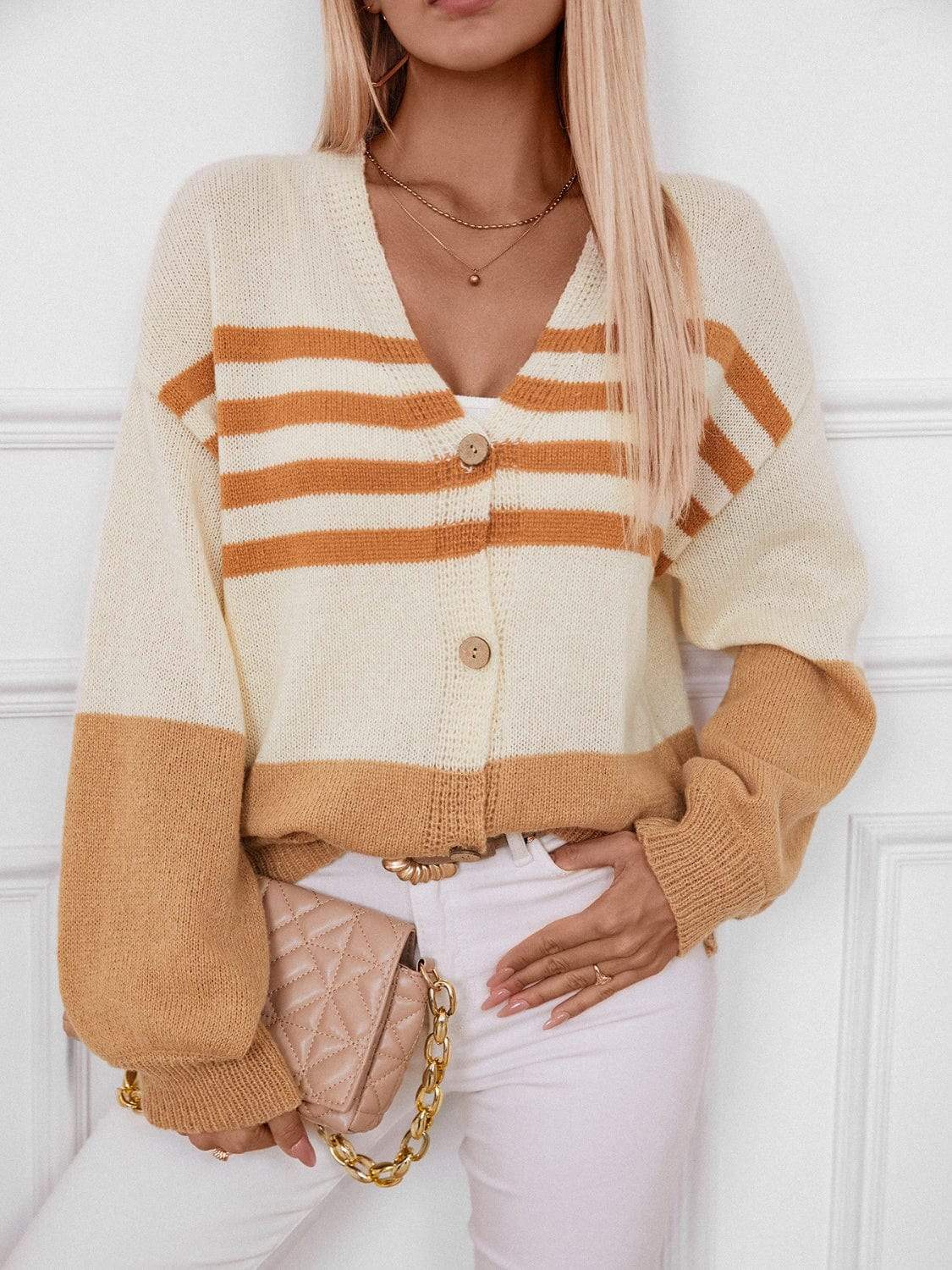 Color Block V-Neck Button Down Long Sleeve Cardigan - Trendsi - Flyclothing LLC