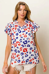 BiBi Leopard Notched Ruffled Cap Sleeve Blouse - Trendsi - Flyclothing LLC