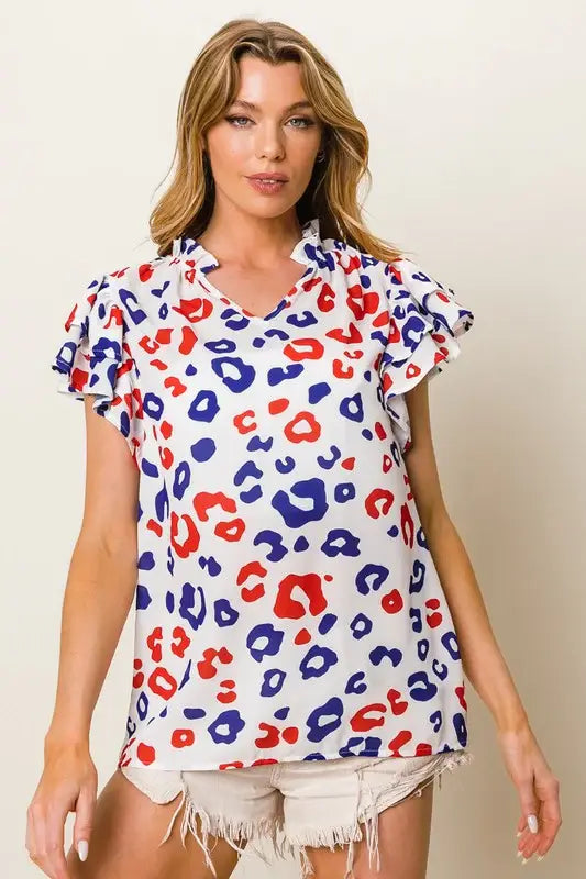BiBi Leopard Notched Ruffled Cap Sleeve Blouse - Trendsi - Flyclothing LLC