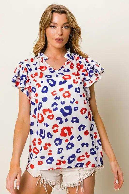 BiBi Leopard Notched Ruffled Cap Sleeve Blouse - Trendsi - Flyclothing LLC