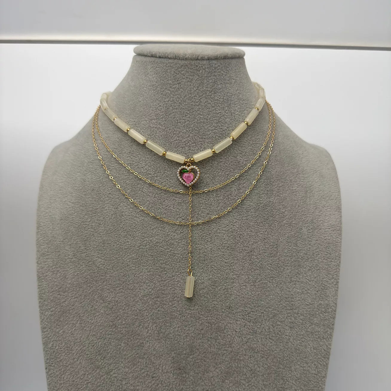 Layered Heart Pendant Necklace with Jade Beads - Trendsi - Flyclothing LLC