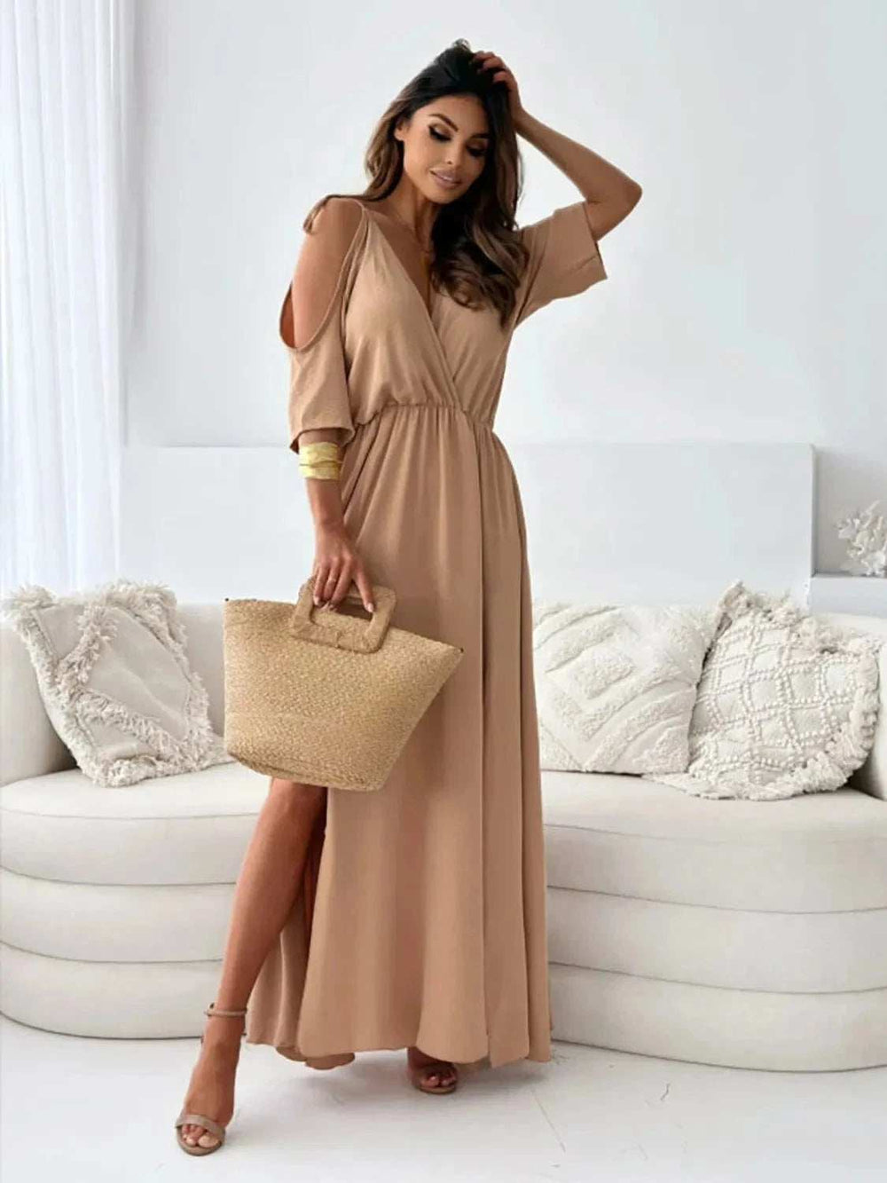 Tied Shoulder Slit Maxi Dress - Trendsi - Flyclothing LLC