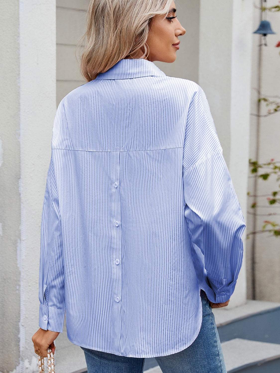 Striped Collared Neck Button Down Long Sleeve Shirt - Trendsi - Flyclothing LLC