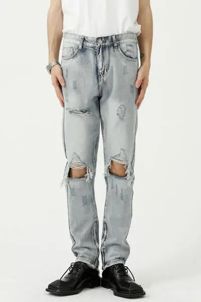 Distressed Side Zip Jeans with Pockets - Trendsi - Flyclothing LLC