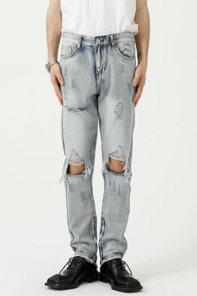 Distressed Side Zip Jeans with Pockets - Trendsi