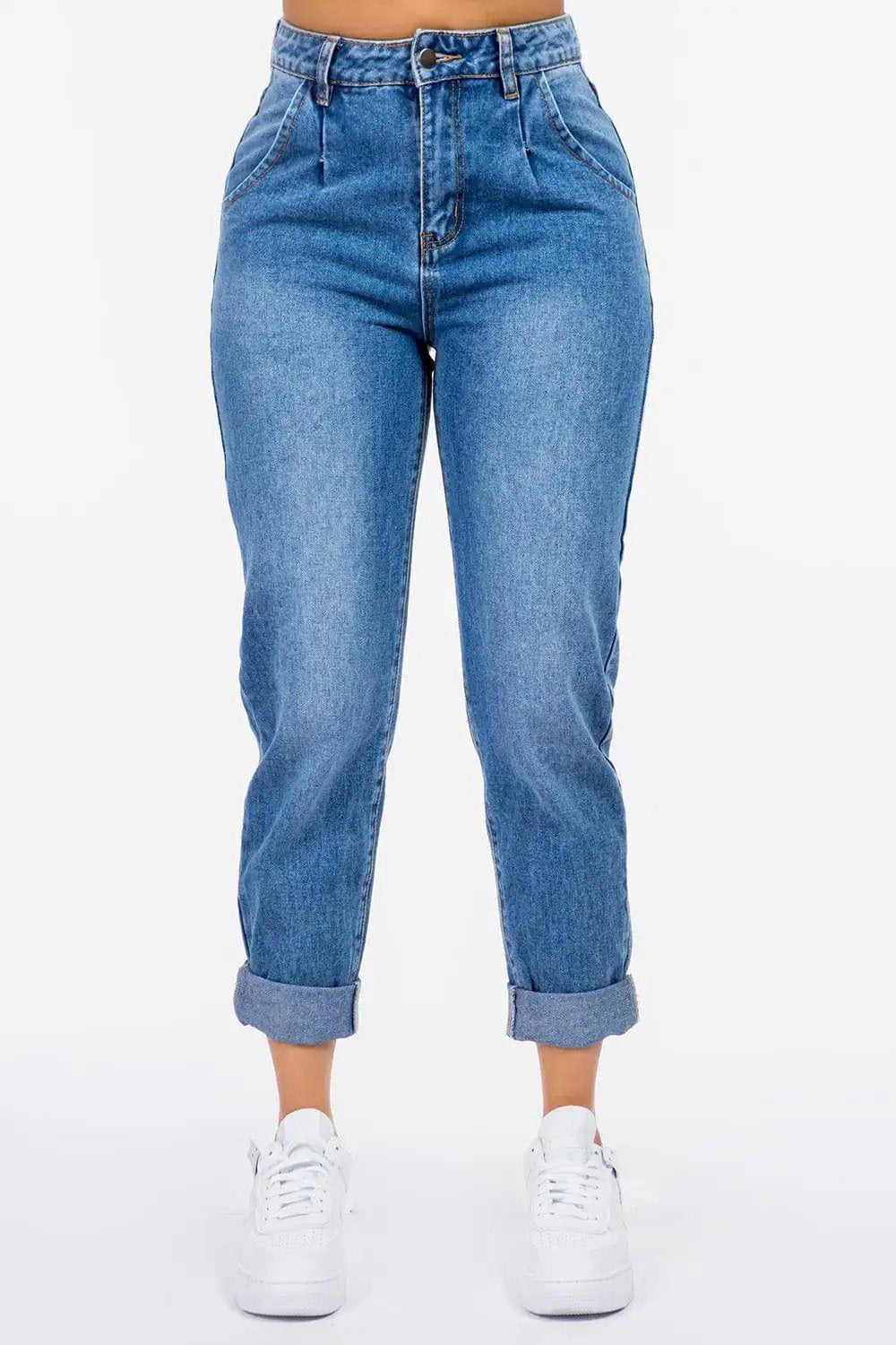 American Bazi High Waist Pleated Waist Mom Jeans - Trendsi