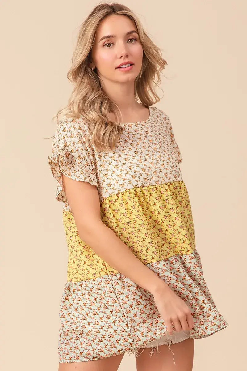 BiBi Flroal Printed Woven Color Block and Tiered Top - Trendsi - Flyclothing LLC