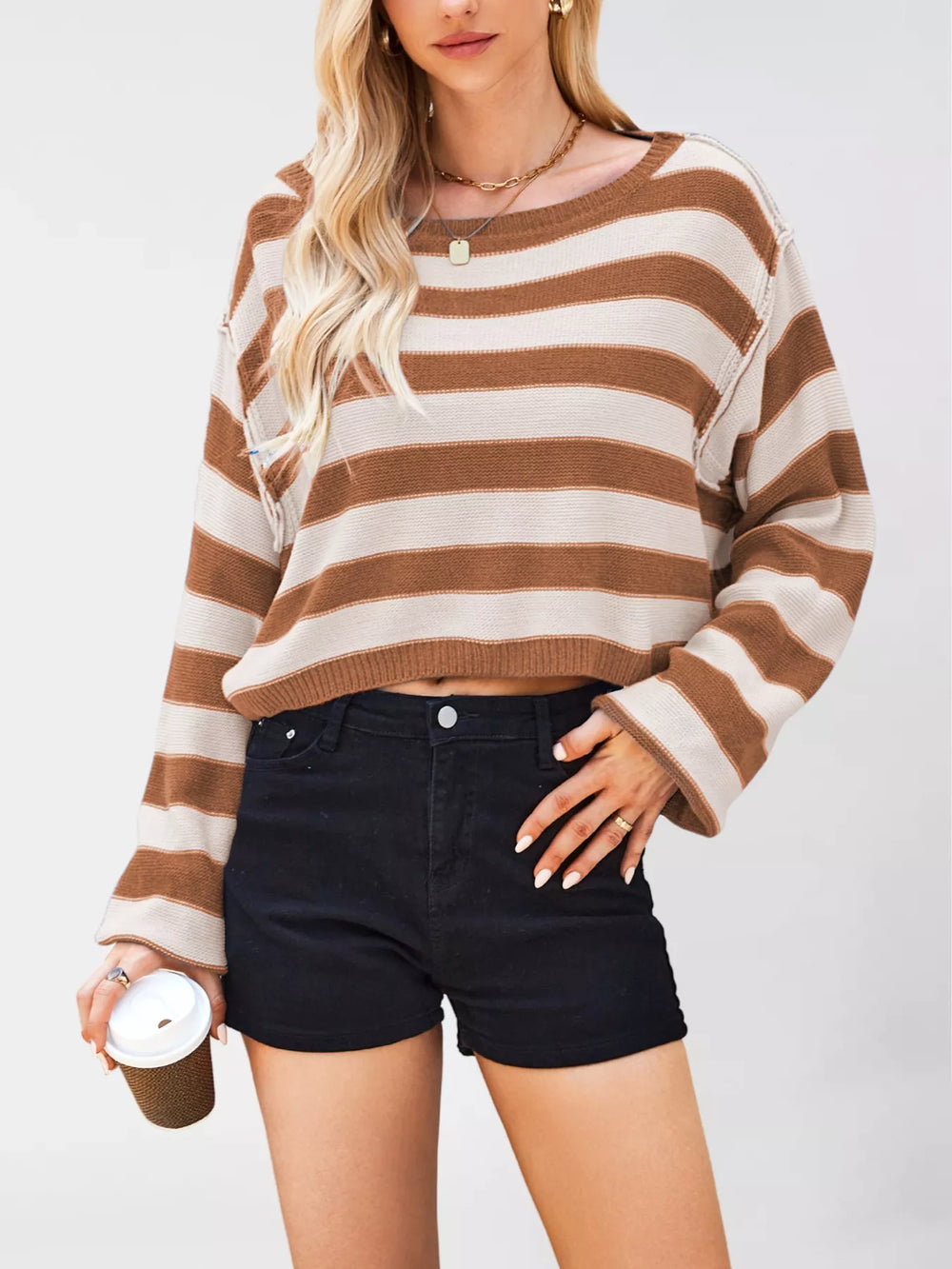 Striped Dropped Shoulder Sweater - Trendsi - Flyclothing LLC