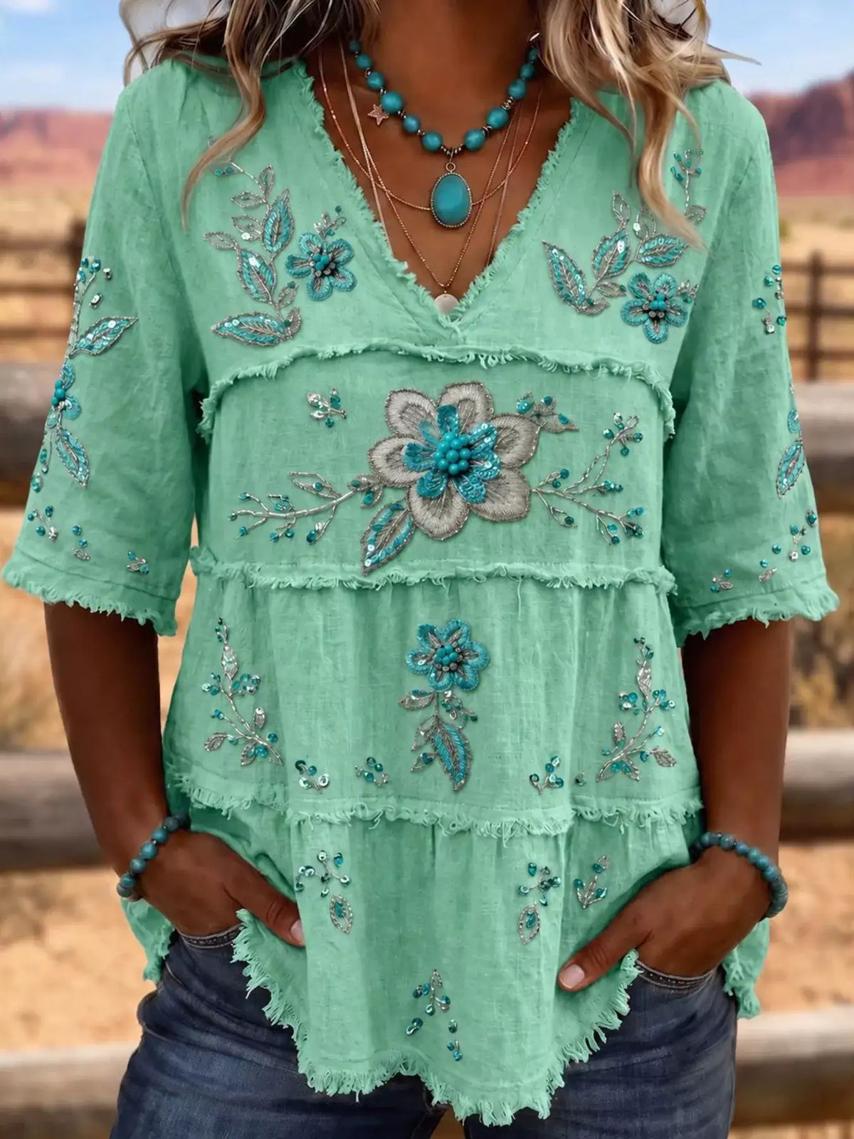 Full Size Floral Raw Hem V-Neck Blouse Plus Size - Trendsi - Flyclothing LLC