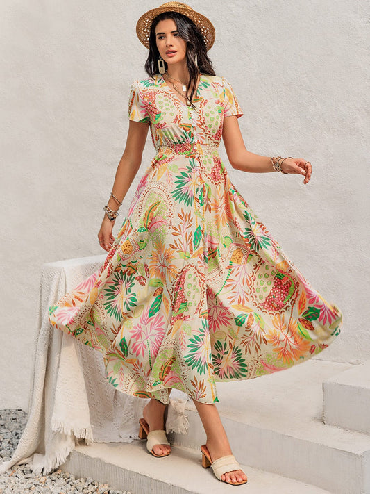 Printed V-Neck Short Sleeve Midi Dress - Trendsi