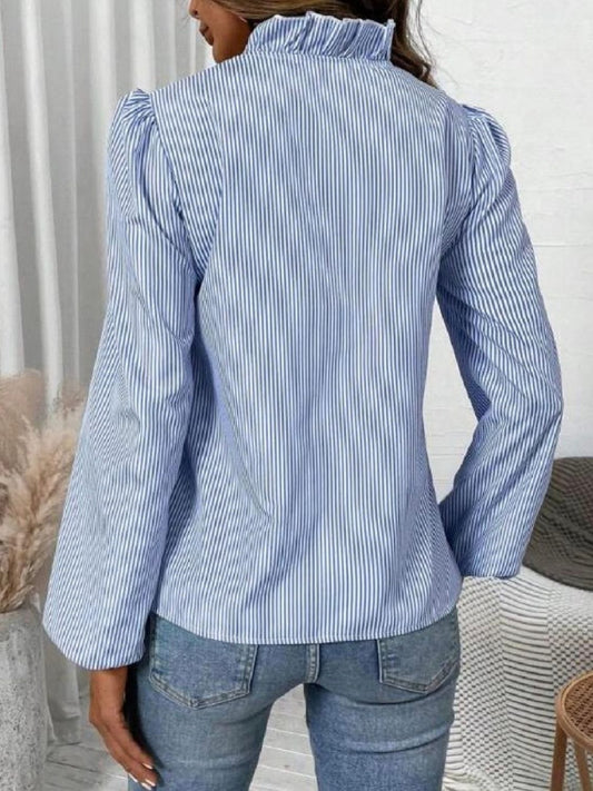 Frill Striped V-Neck Long Sleeve Blouse - Trendsi
