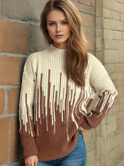 Contrast Mock Neck Long Sleeve Sweater - Trendsi