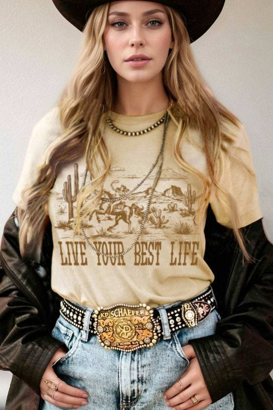 LIVE YOUR BEST LIFE Western Graphic Short Sleeve T-Shirt - Trendsi - Flyclothing LLC
