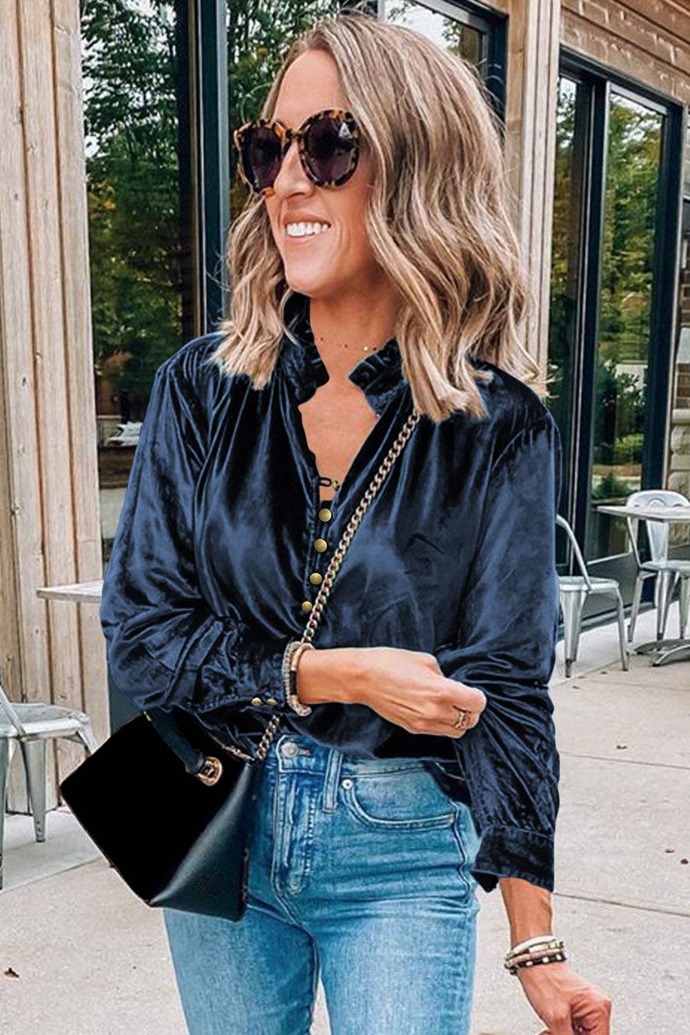 Frill Half Button Mock Neck Long Sleeve Blouse - Trendsi - Flyclothing LLC
