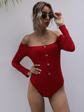 Perfee Decorative Button Off-Shoulder Long Sleeve Bodysuit - Trendsi