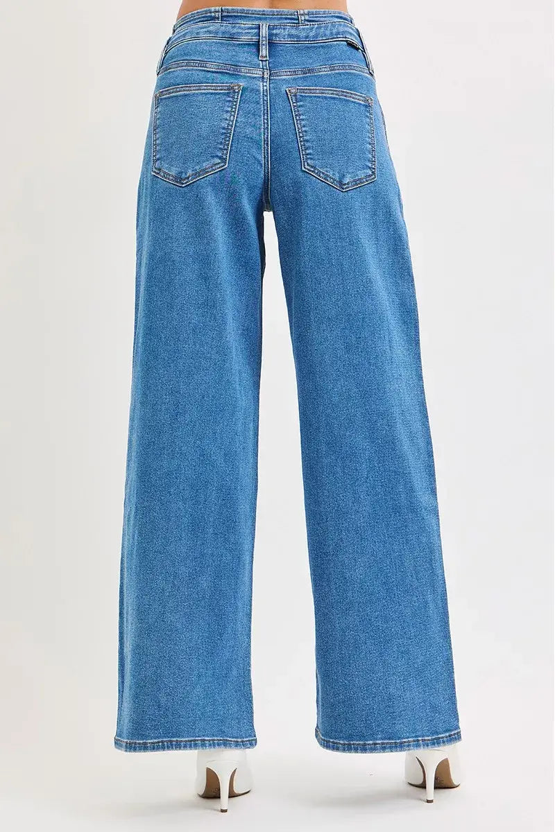 RISEN Full Size Mid Rise Fit Wide Leg with Pleated Detail Jeans Plus Size - Trendsi - Flyclothing LLC