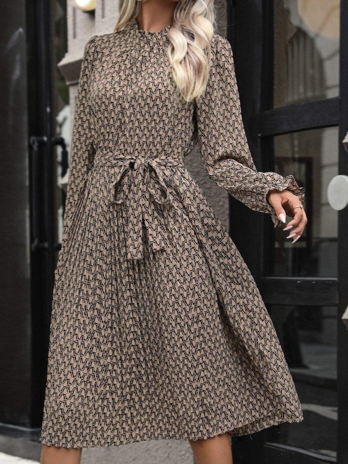 Perfee Printed Mock Neck Flounce Sleeve Dress - Trendsi - Flyclothing LLC